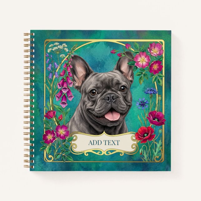 Cuaderno Floral Botánico de Bulldog Francés en Azu (Anverso)