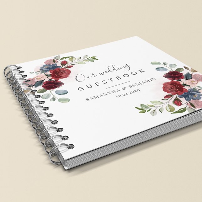 Cuaderno Floral Burgundy Watercolor Fall Wedding Guest Book (Burgundy Floral Srcipt Wedding Guestbook)