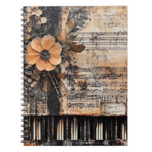 Cuaderno Floral con claves de piano rústicas y hoja de músi