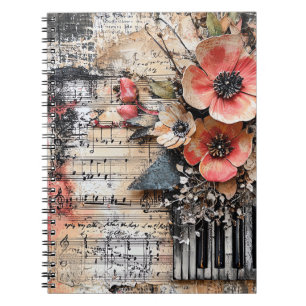 Cuaderno Floral con claves de piano rústicas y hoja de músi