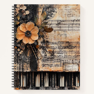 Cuaderno Floral con claves de piano rústicas y hoja de músi
