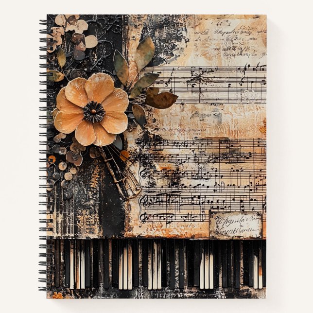 Cuaderno Floral con claves de piano rústicas y hoja de músi (Anverso)