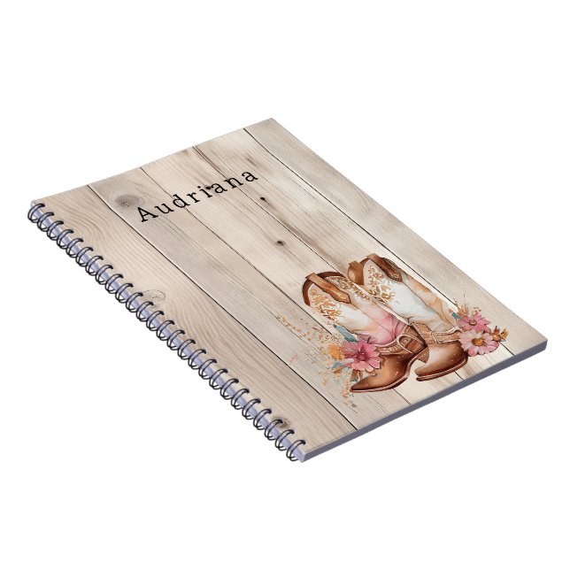 Cuaderno Floral Cowgirl Boots Ivory Faux Wood Personalizado (Lado Derecho)