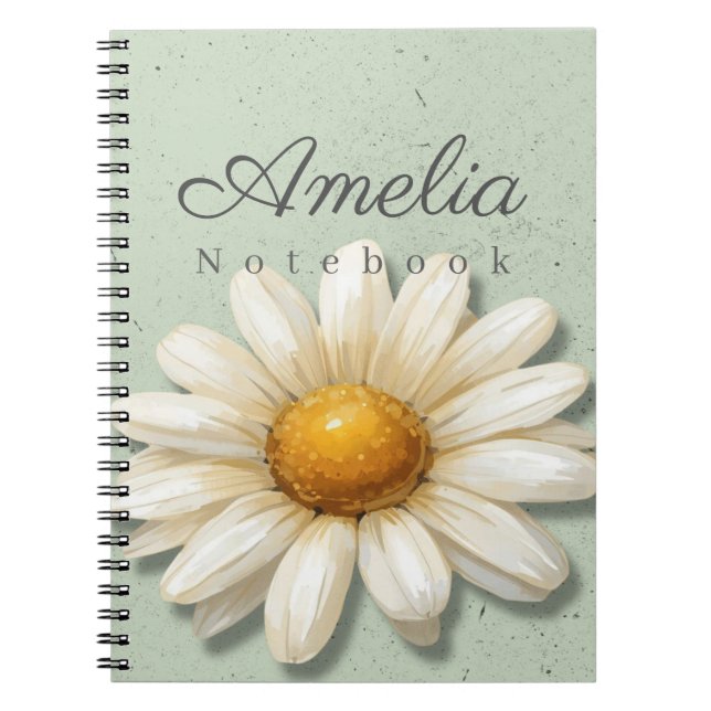 Cuaderno Floral Daisy Nombre | Diario Verde Sage (Frente)