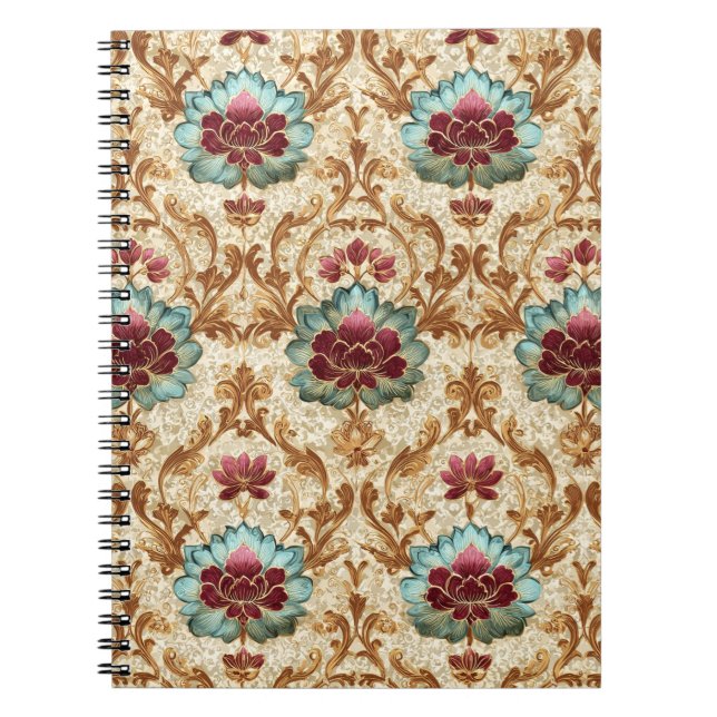 Cuaderno Floral Damask Antiguo en Turquesa y Burdeos (Frente)