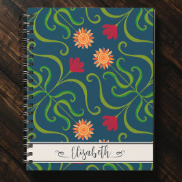 Cuaderno Floral Damask Sunflower Boho Navy Arte Folclórico 