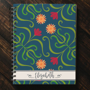 Cuaderno Floral Damask Sunflower Boho Navy Arte Folclórico