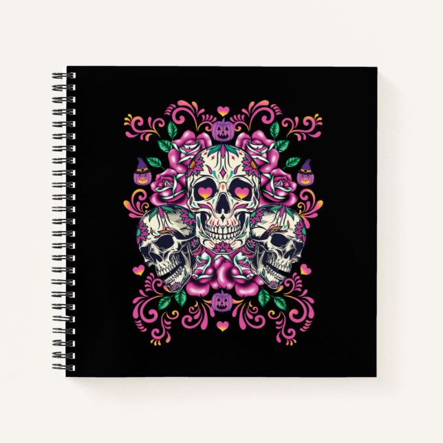 Cuaderno Floral de calavera, acuarela de esqueleto rosa, Ha (Anverso)