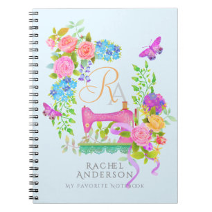 Cuaderno Floral de cinta de coser monograma azul