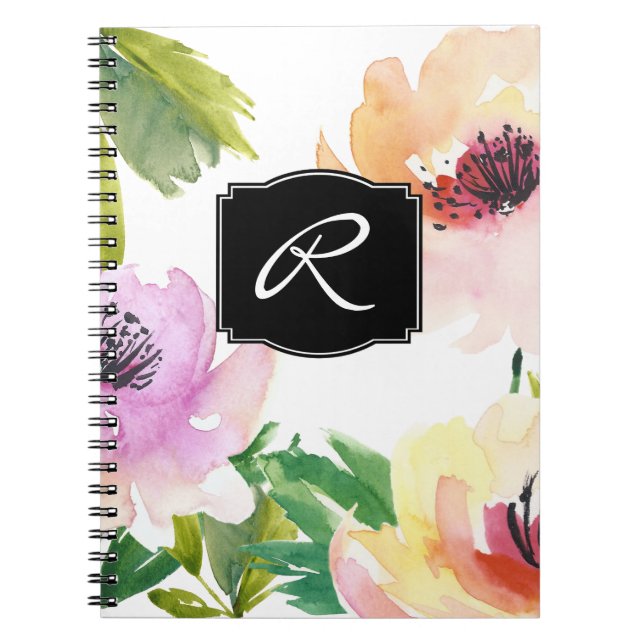 Cuaderno Floral de color de agua pastel monogramada (Frente)