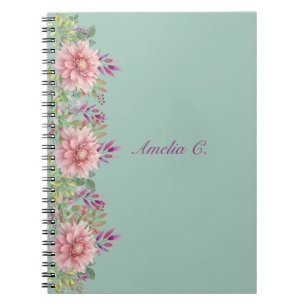 Cuaderno Floral de color de agua pastel rosa y Verde azulad