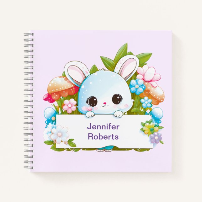 Cuaderno Floral de Conejito Azul Adorable (Anverso)