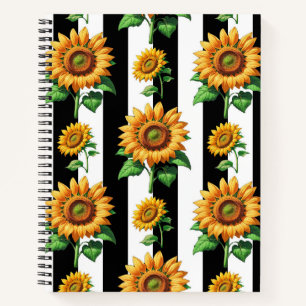 Cuaderno Floral de girasol franjas blancas negras