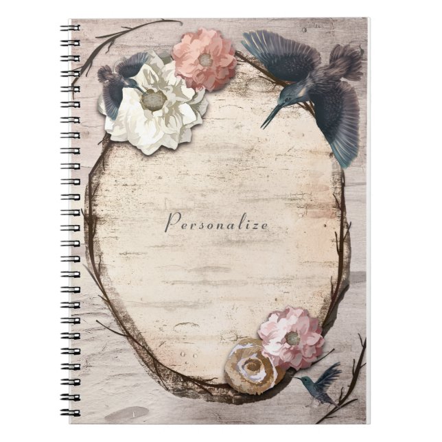 Cuaderno Floral de pájaro blanco rústico y colibrí elegante (Frente)