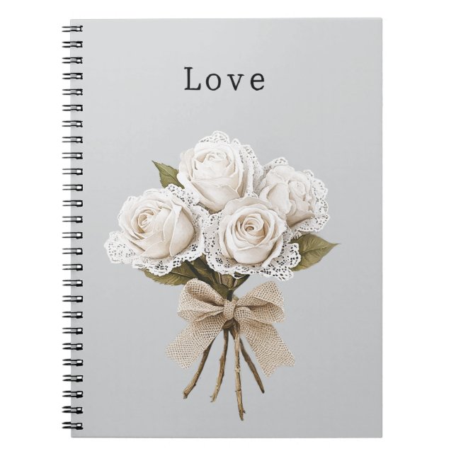 Cuaderno Floral de Rosas Blancas de Encaje Falso Gris Bonit (Frente)