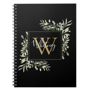 Cuaderno Floral de verde monograma de oro negro personaliza