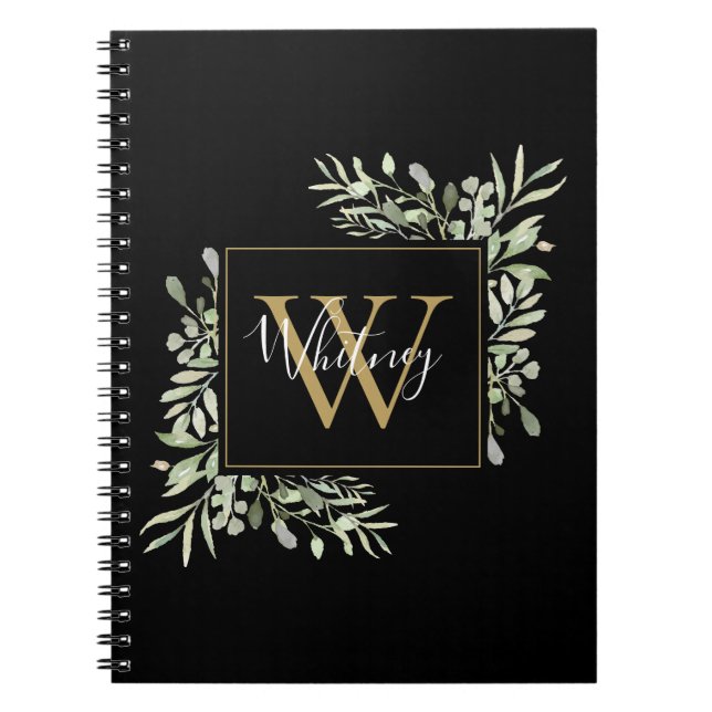 Cuaderno Floral de verde monograma de oro negro personaliza (Frente)