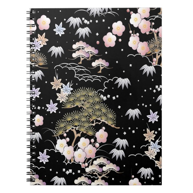 Cuaderno Floral elegante de cerezo rosa negro (Frente)