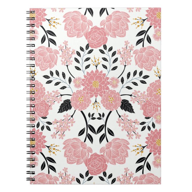 Cuaderno Floral elegante rosa, blanco, negro, azul y amaril (Frente)