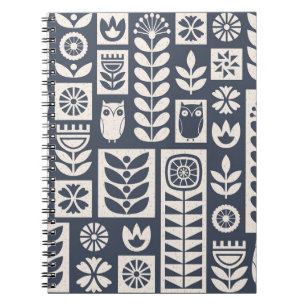 Cuaderno Floral escandinava: blanco, azul, Minimalista.