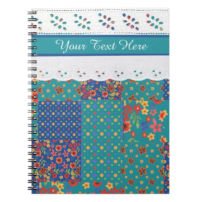 Cuaderno Floral Faux Patchwork en Verde azulado, Faux Lace  (Frente)