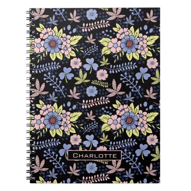 Cuaderno Floral floral de flores sin fisuras con nombre (Frente)