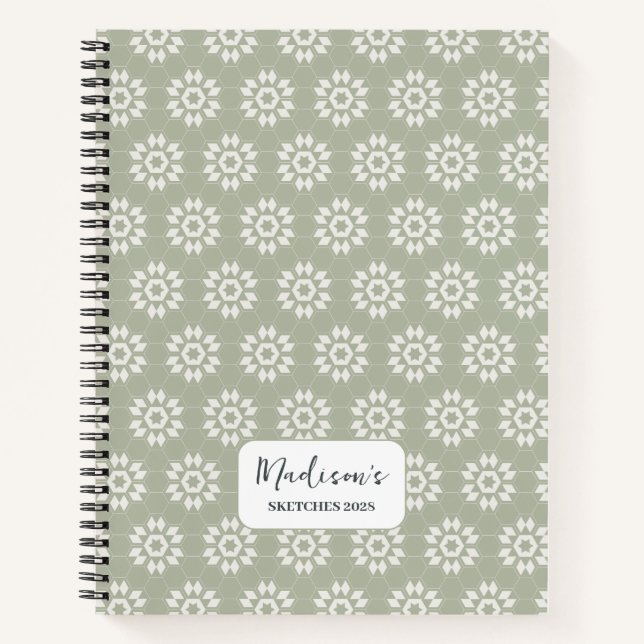 Cuaderno Floral geométrica personalizada en verde sabio (Anverso)