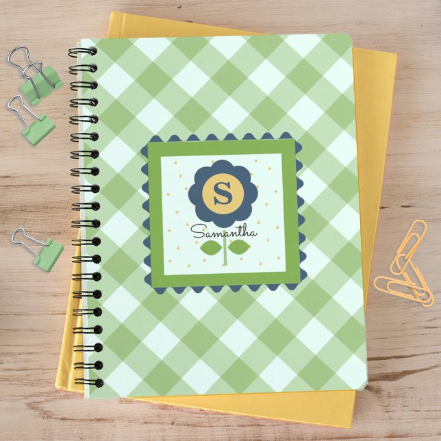 Cuaderno Floral Gingham Monogramado Azul Verde (Subido por el creador)