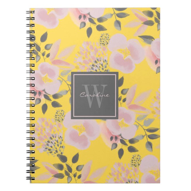 Cuaderno Floral gris rosada amarilla femenina con monograma (Frente)
