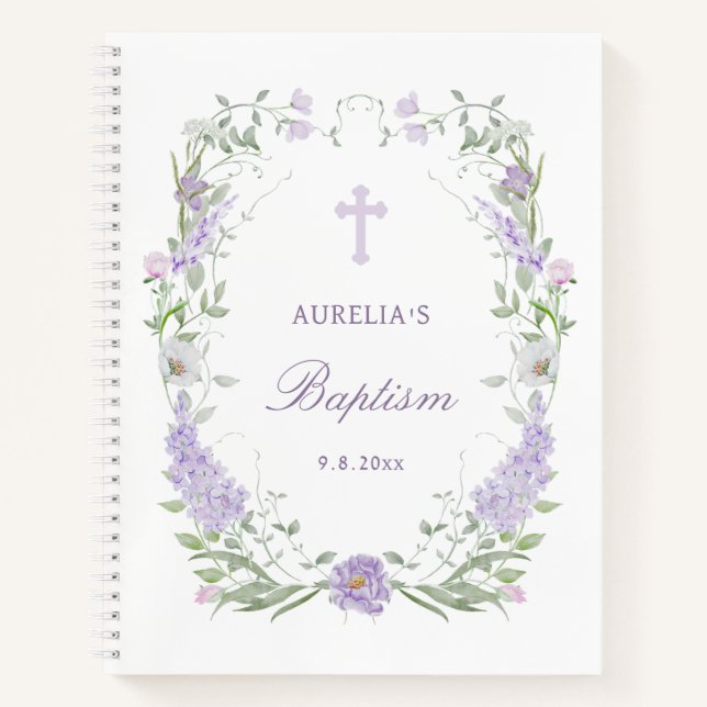 Cuaderno Floral Lilac Lavender Frame Baptism Guest Book (Anverso)