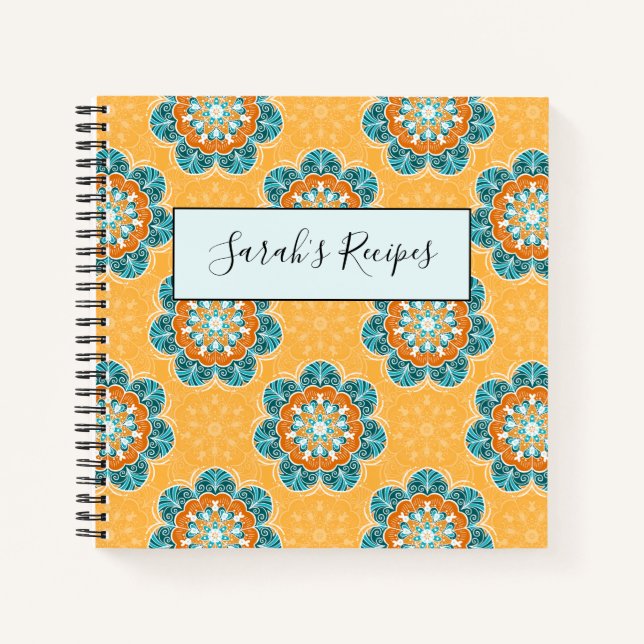 Cuaderno Floral Mandala Tile en Naranja y Verde azulado (Anverso)