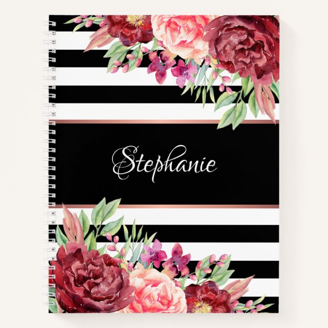 Cuaderno Floral moderna banda blanca y negra personalizada (Anverso)