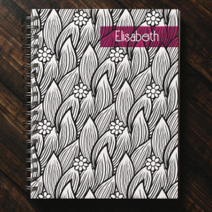 Cuaderno Floral moderna de margarita hippie blanca y negra