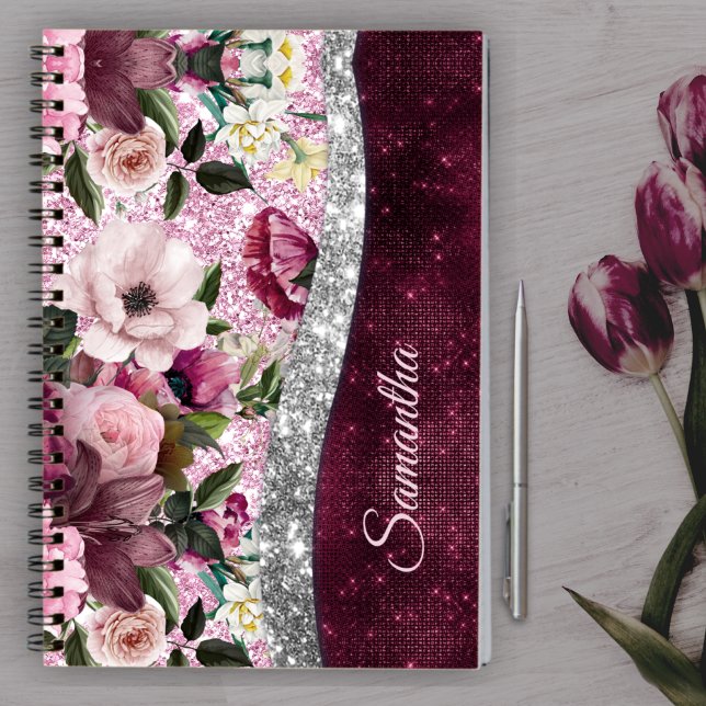 Cuaderno floral Monograma de burdeos de plata rosa de Borgo (Subido por el creador)