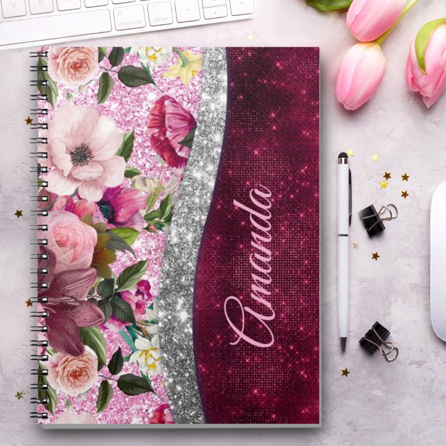 Cuaderno floral Monograma de burdeos de plata rosa de Borgo (Subido por el creador)