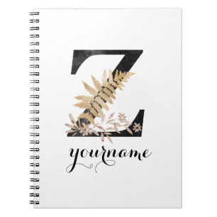 Cuaderno Floral Monograma Z Flora dorada negra