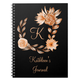 Cuaderno Floral negro, marrón y melocotón con monograma
