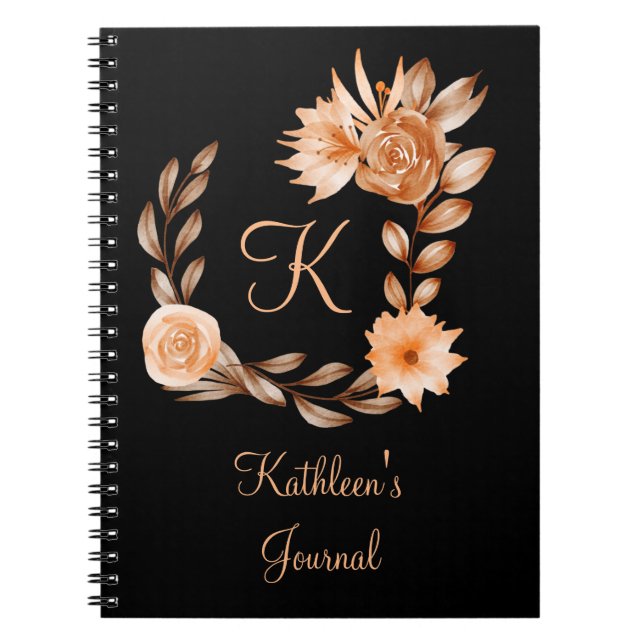 Cuaderno Floral negro, marrón y melocotón con monograma  (Frente)