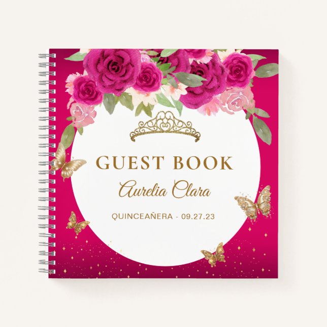 Cuaderno Floral Oro rosa Tiara Mariposa Invitado (Anverso)