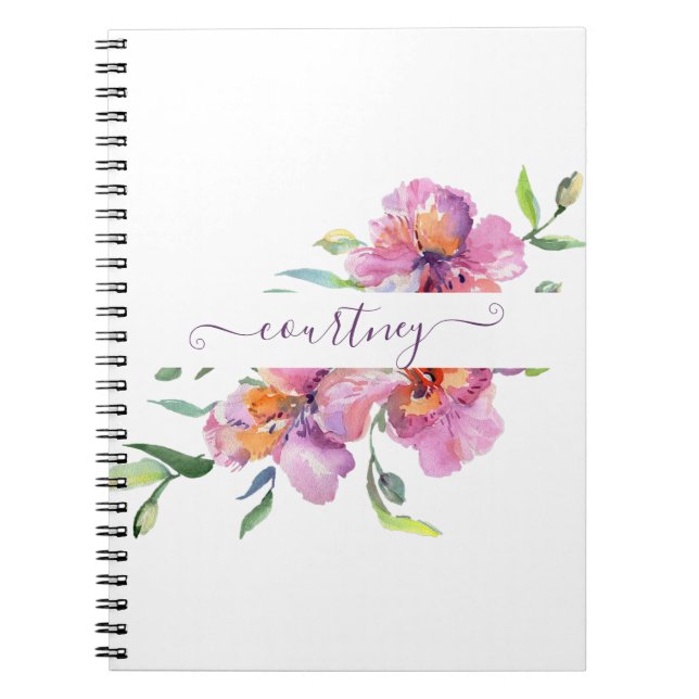 Cuaderno floral personalizada de acuarela rosa (Frente)
