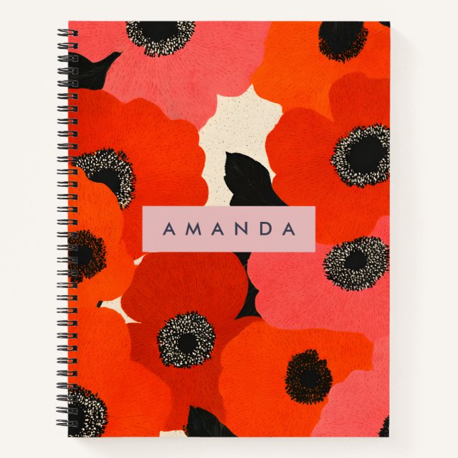 Cuaderno Floral Personalizada de Amapolas Rojas y Rosadas I (Anverso)