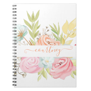 Cuaderno Floral personalizado con acuarela naranja y rosa  