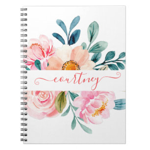 Cuaderno Floral personalizado con acuarela rosa y naranja