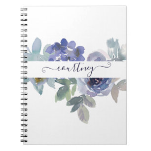 Cuaderno Floral personalizado de acuarela azul y verde 