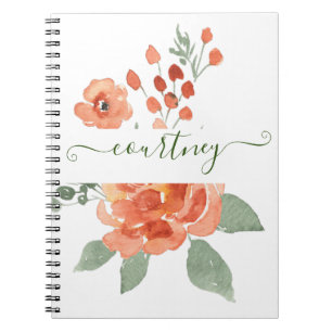 Cuaderno floral personalizado de acuarela naranja  