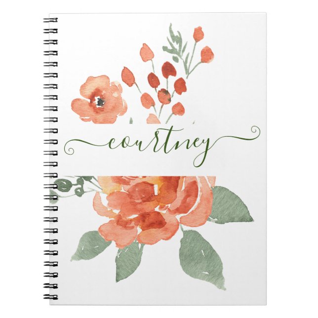 Cuaderno floral personalizado de acuarela naranja   (Frente)