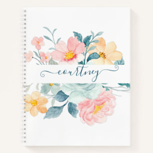 Cuaderno Floral personalizado de acuarela rosa y naranja  
