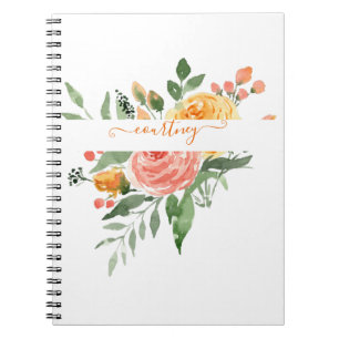 Cuaderno Floral personalizado de acuarela rosa y naranja  