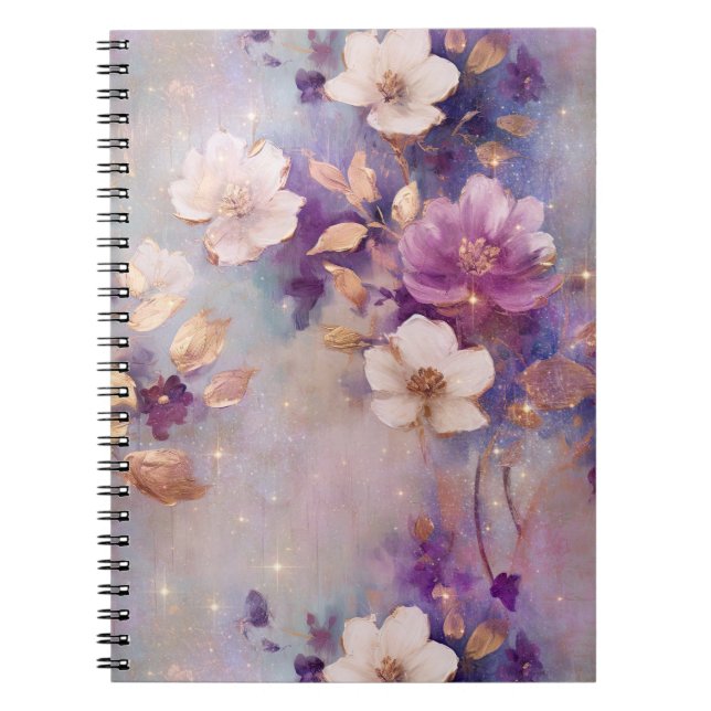 Cuaderno Floral púrpura de oro de glam blanco femenino (Frente)