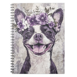 Cuaderno Floral púrpura de perro de Boston Terrier